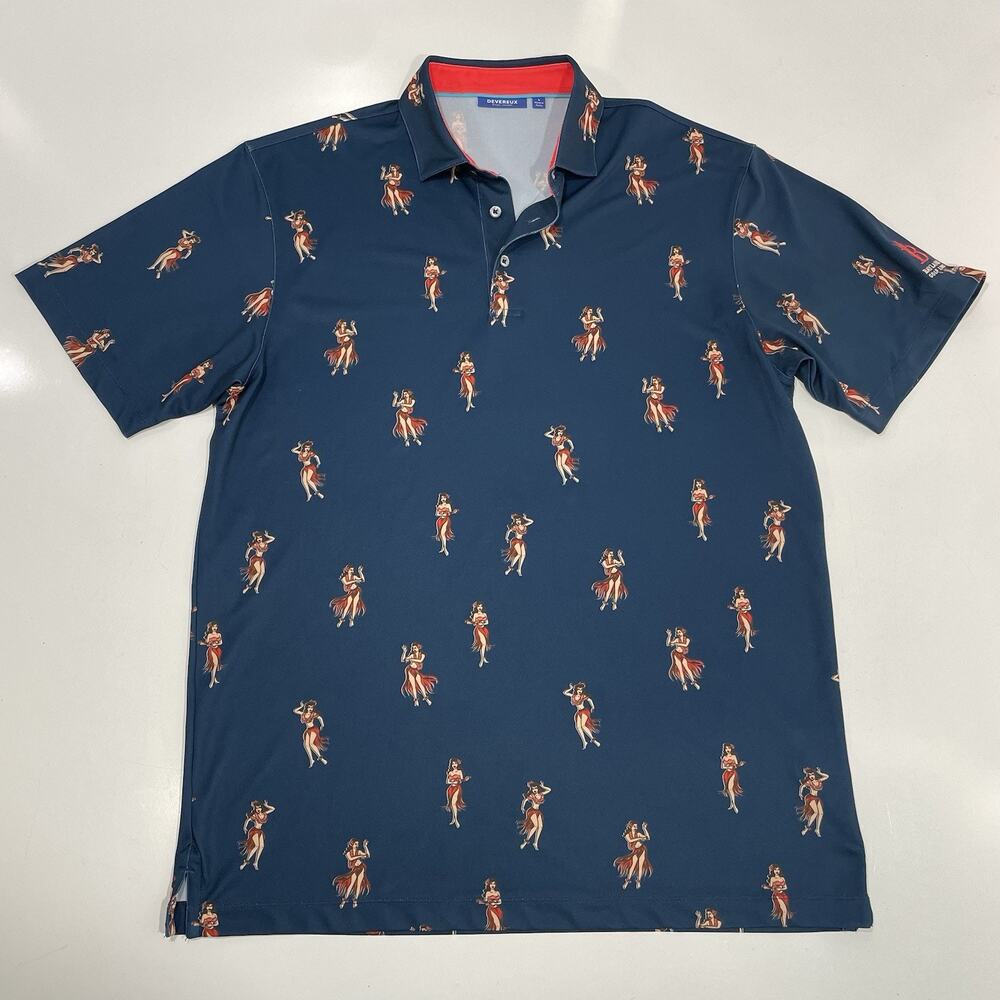 Devereux Hula Girl Mens Polo L Blue Baylands Golf Links Palo Alto Print Hawaiian